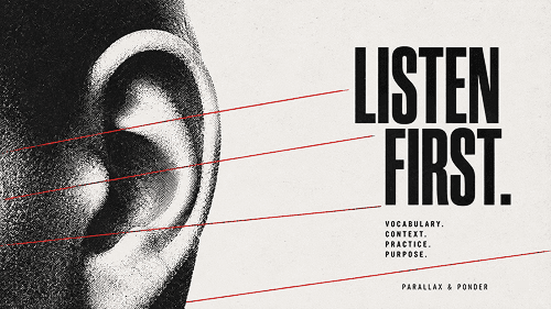 Parallax & Ponder project preview with listening-first vocabulary artwork